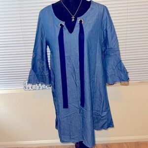 Espresso, Jean dress size L, with Round neck with ribbon for a bow or tie.IGC!